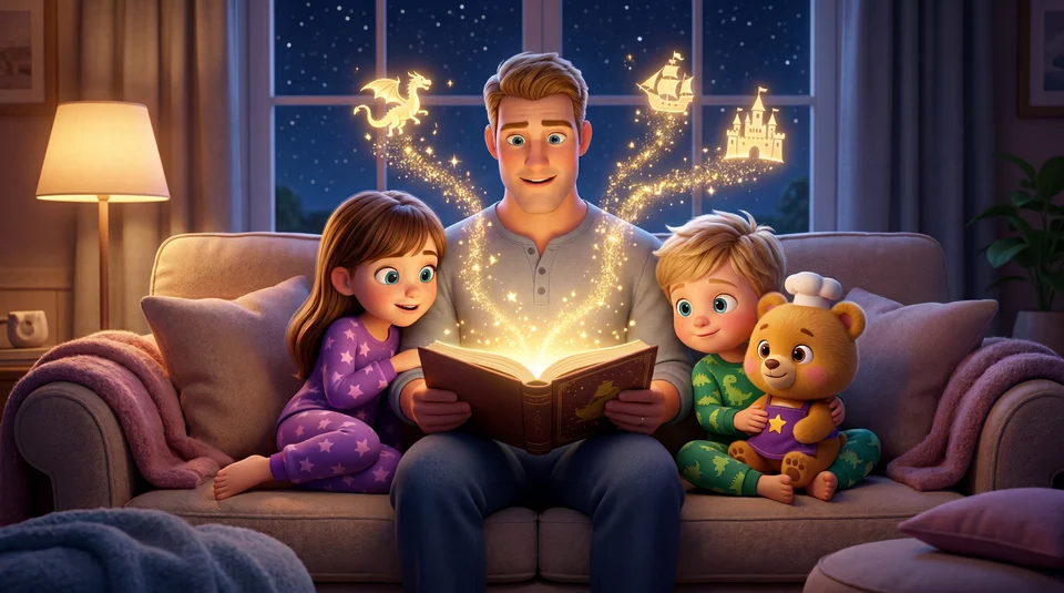 Family reading a magical story together